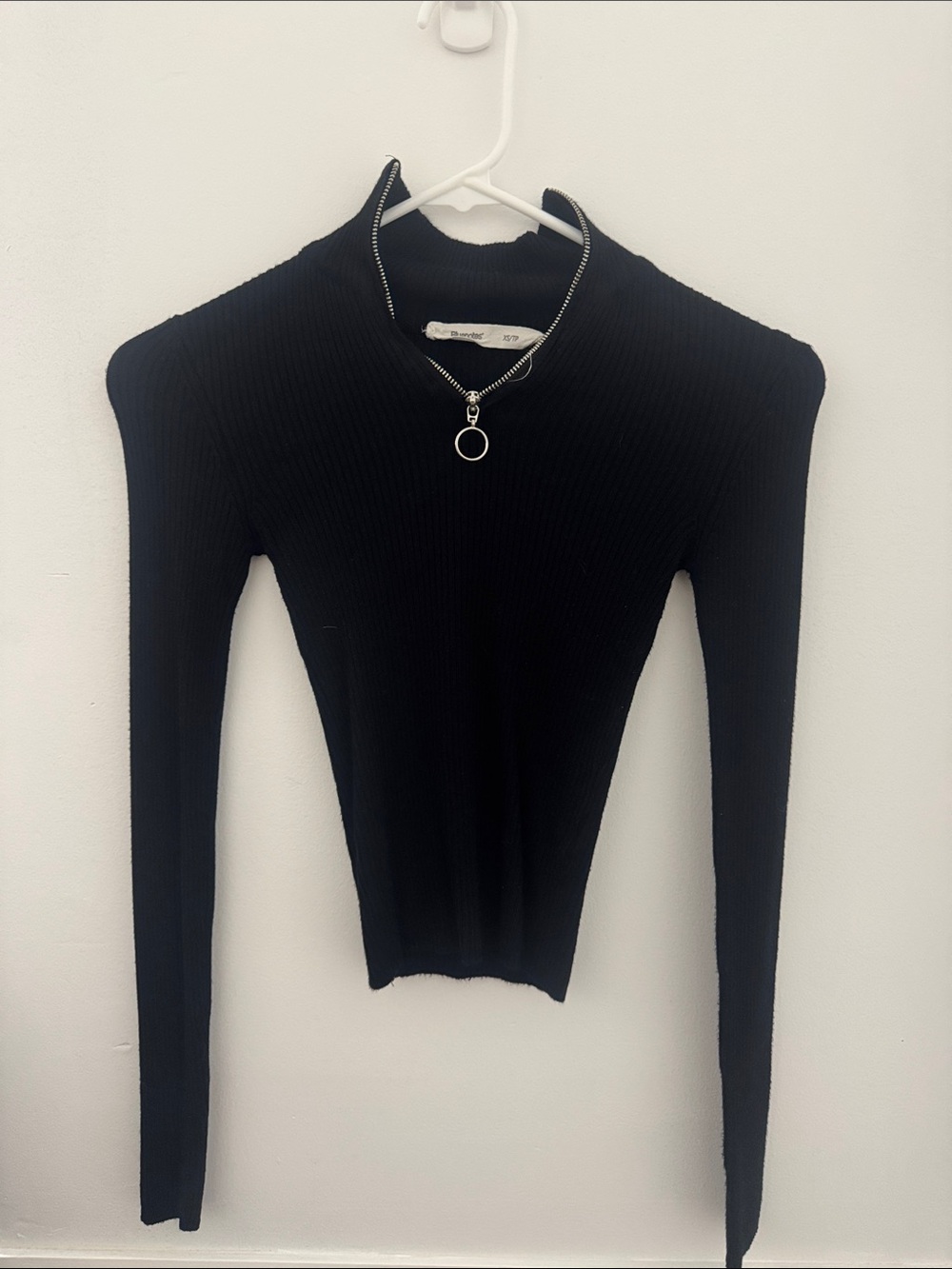 Bluenotes Black Ribbed Zip-Front Long Sleeve Top